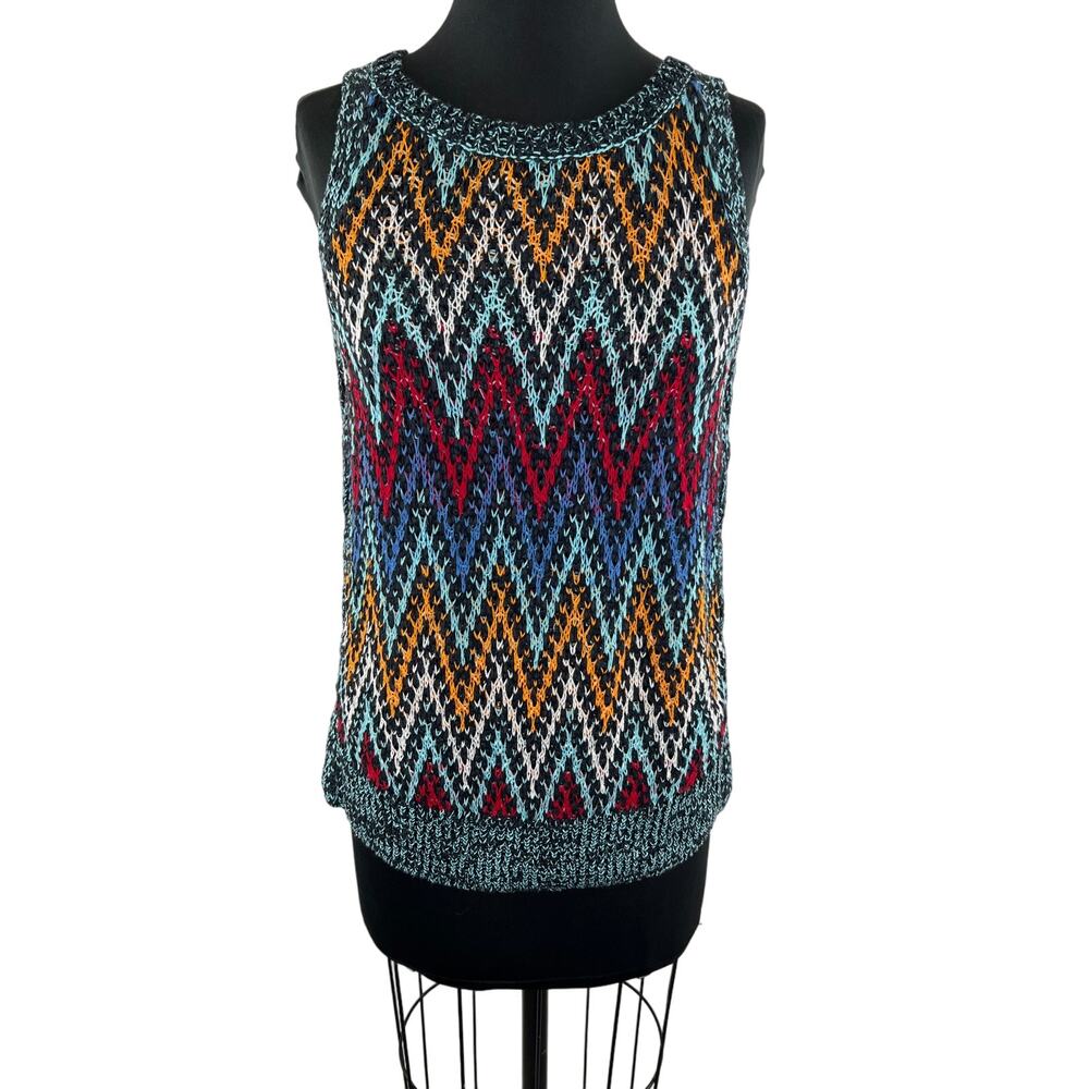 White + Warren Multicolor Sleeveless Crewneck Zig-Zag Knit Sweater Size S Small